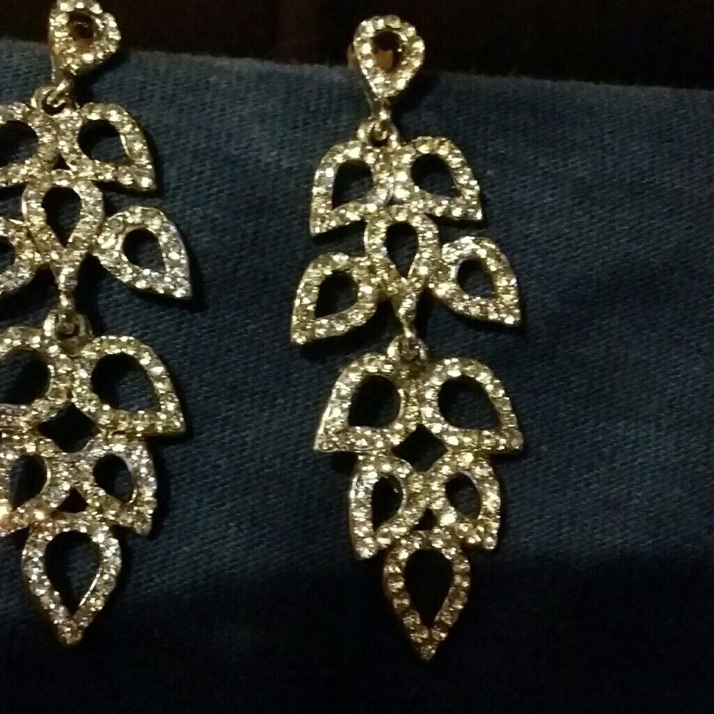 Silver Rhinestone Leaf Dangle Earrings - image 1